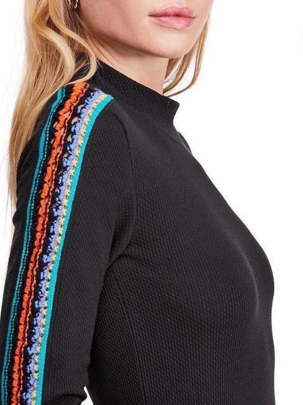 Mock Neck Fair Isle Trim Long Sleeve Knit Sweater Crochet Striped M